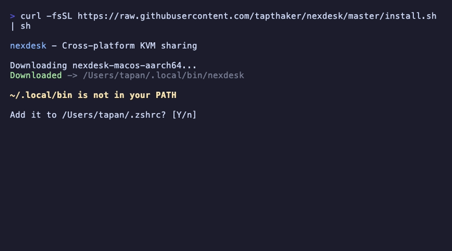 Client install — downloading binary and PATH prompt